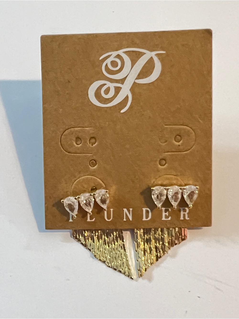 Plunder Triple Crystal Tear Drop Earrings With Gold Fringe